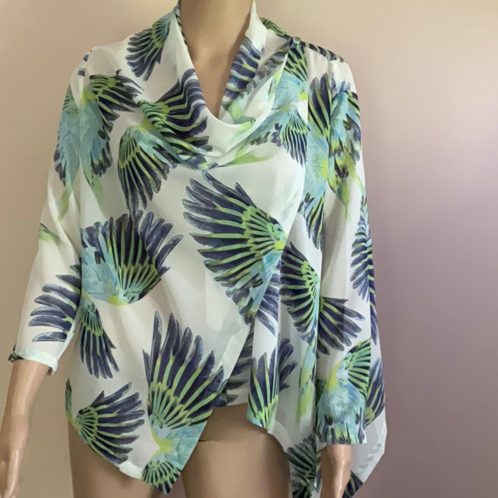 VT LUXE Sheer Waterfall Cardigan Wings Scarf Print